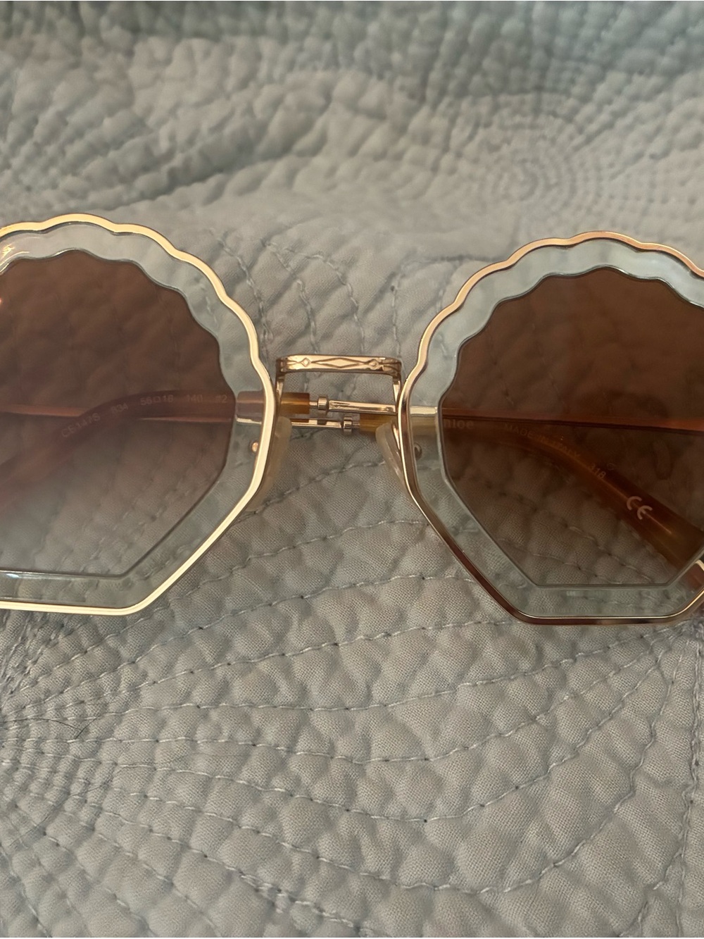 Chloé Gold Frame Sunglasses with White Scalloped Trim and Brown Lenses